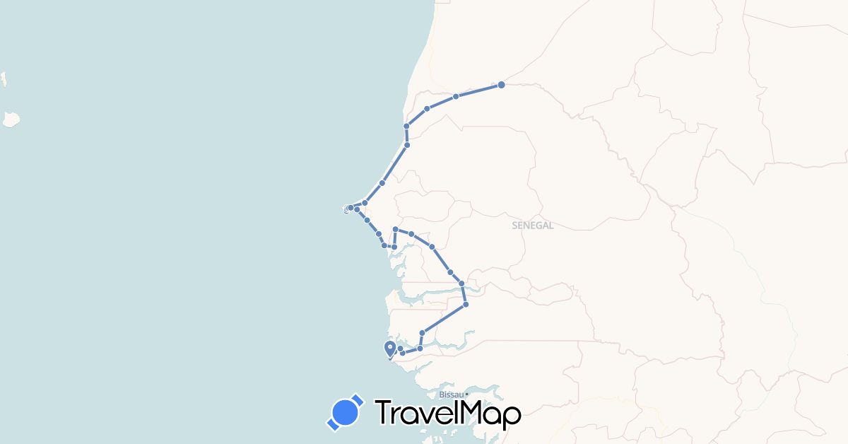 TravelMap itinerary: driving, cycling in Gambia, Senegal (Africa)